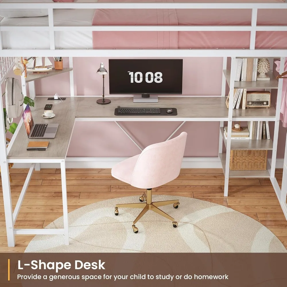 سرير علوي معدني مزدوج الحجم مع مكتب، وأرفف تخزين، وسكة ملابس، ومحطة شحن، وأضواء LED