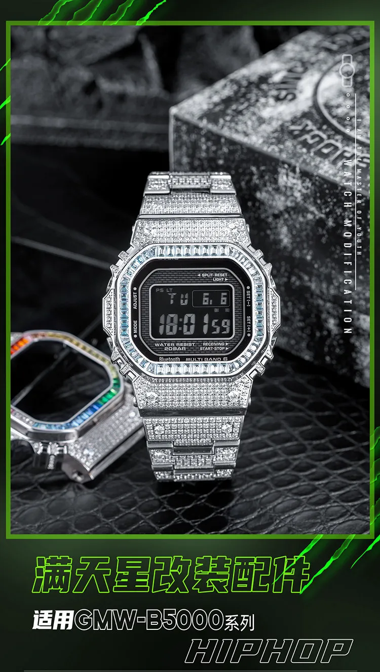 DIY Fashion Watch Modification Kit for Square GMW-B5000: Diamond-Studded Starry Sky Stainless Steel Case and Band