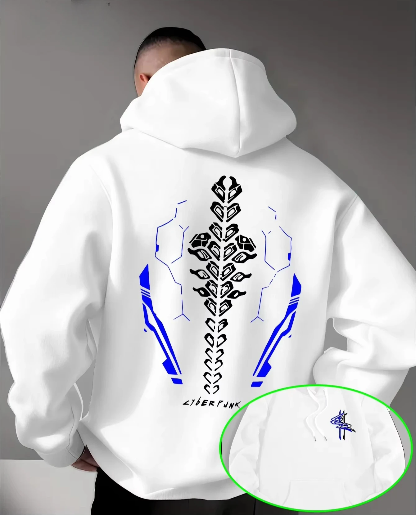 Men’s Abstract Alien Skeleton Hoodie Cyber Tech Geometric Graphic Front Back Print Fleece Pullover Sweatshirt Streetwear Autumn