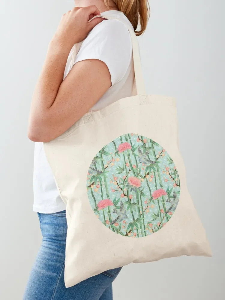 Bamboo, Birds and Blossom - soft blue green Tote Bag eco bag folding free delivery bags large size bags Tote Bag