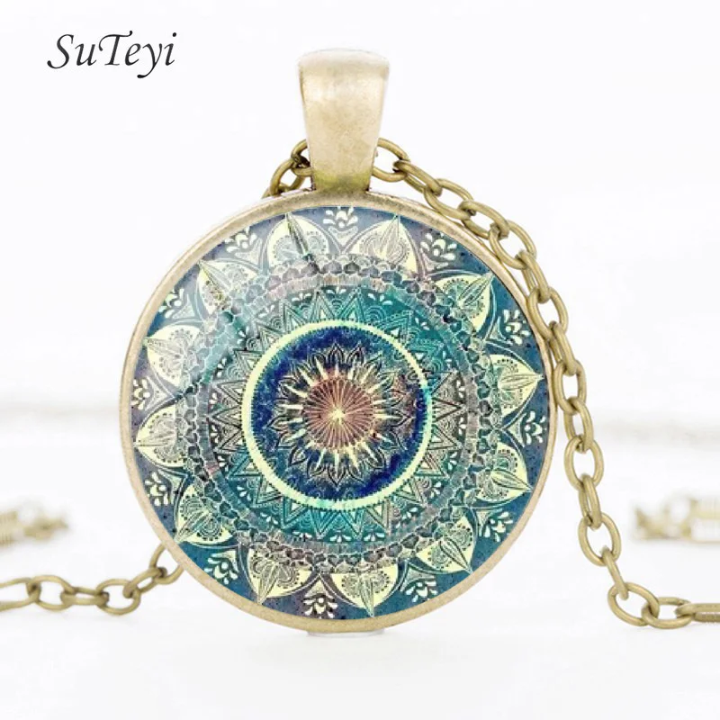 VIP Vintage Green Mandala Glass Earrings For Women Retro Sacred Geometry Jewelry