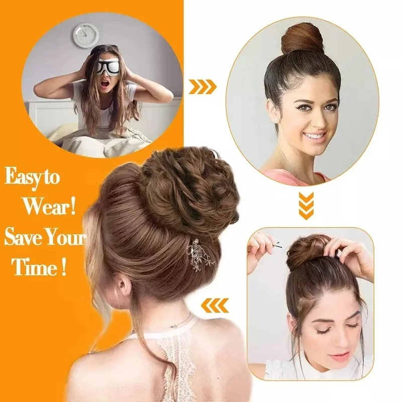 Moño Sintético Despeinado, Chignon, Donut, Rubio, Marrón, Almohadilla Elástica, Cuerda de Pelo, para Mujeres 5