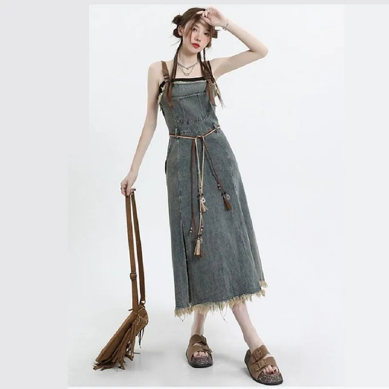 2024 Autumn New Vintage Denim Skirt Matching Set Women\'s Elegant Loose Hollow Knitted Shirt+Sexy Split Dress Two Piece Suit