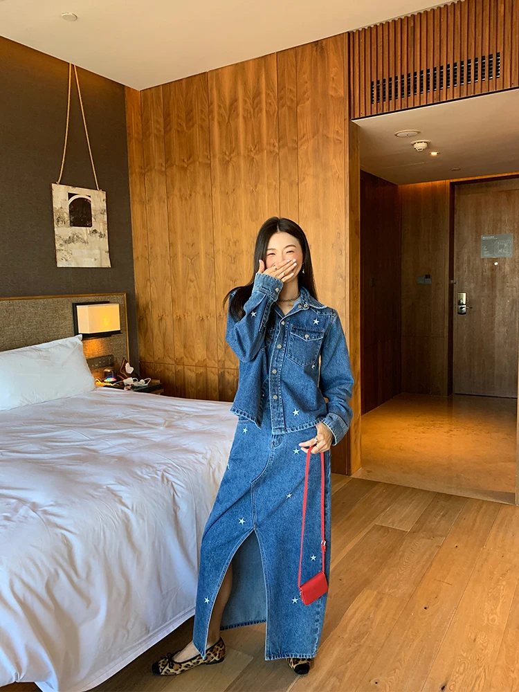 

Весенний модный джинсовый комплект с вышивкой: женский жакет и юбка, костюм-двойка из хлопка с длинными рукавами на пуговицах, повседневная одежда для офиса и отдыха