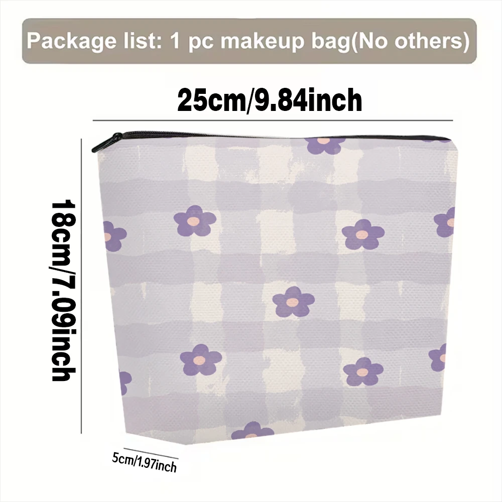 Purple Flowers On Checkered Background Makeup Bags for Girls Cosmetic Pouch Toiletry Bag Pencil Case Travel Storage