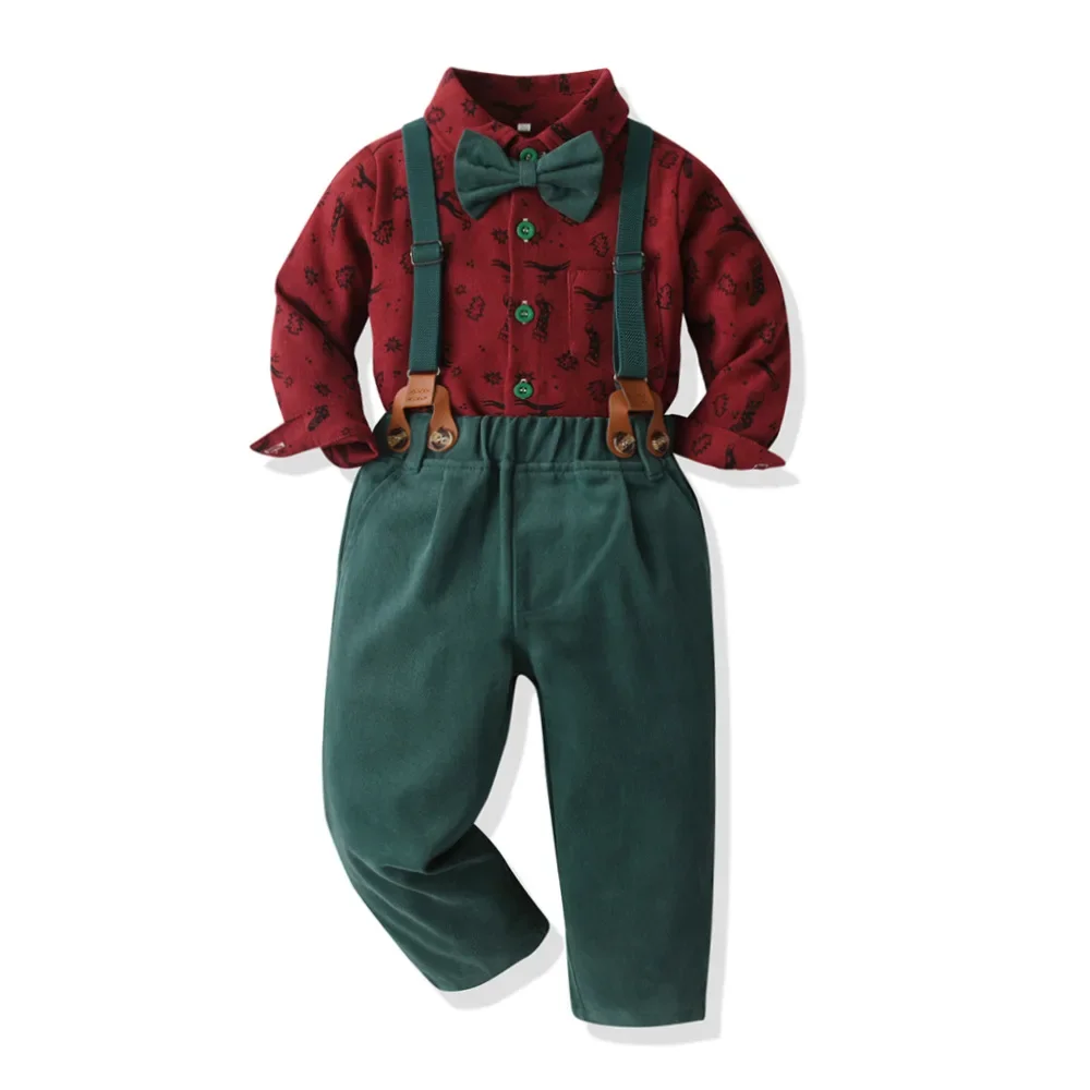 2024 New Children\'s Christmas Clothing Autumn/Winter Long sleeved Shirt Strap Pants Set Christmas Party New Year Gift