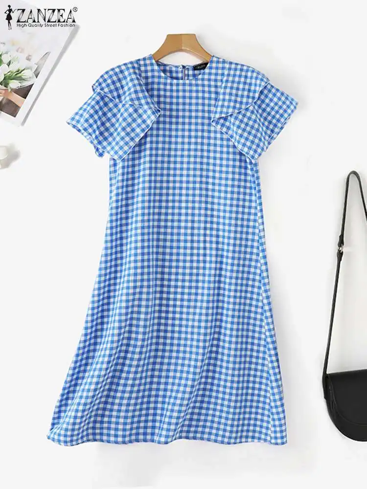 ZANZEA Elegant Women Plaid Midi Dress Korean Fashion Ruffle Short Sleeve Long Robe 2024 Summer Holiday Casual Female Vestidos