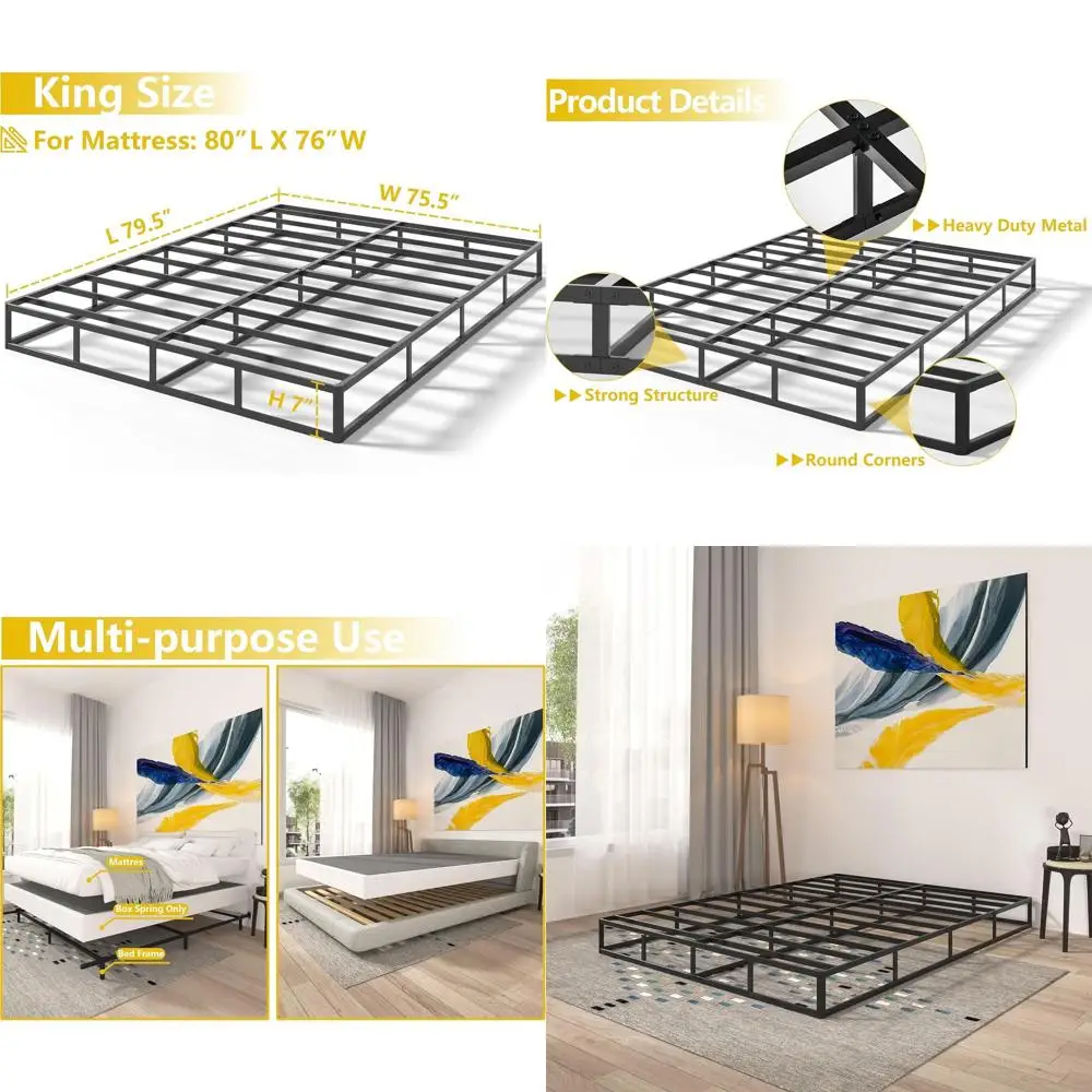 

7-дюймовое высокое металлическое основание для матраса King Size, усиленная опора для матраса с тканевым покрытием, простая сборка, бесшумное, нескользящее, черное.