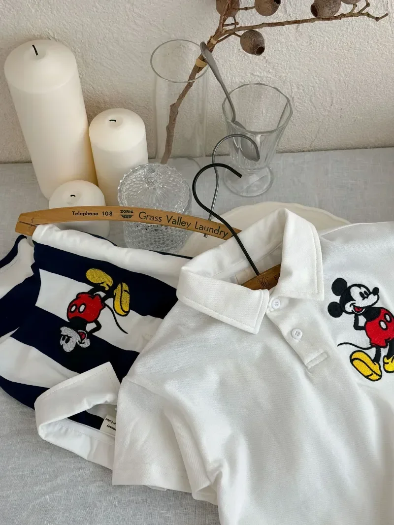 2024 Kids Clothes T-Shirt Summer Baby Boys Girls Mickey Mouse Stripe Lapel Short sleeve Polo shirt Children Cartoon Cotton Tops