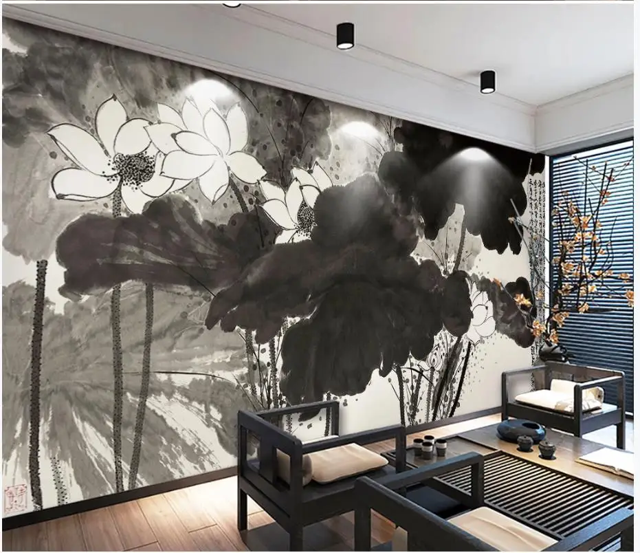 Customized products 3D China ink lotus creative art abstract living room TV background wall dining room bedroom mural wallpaper