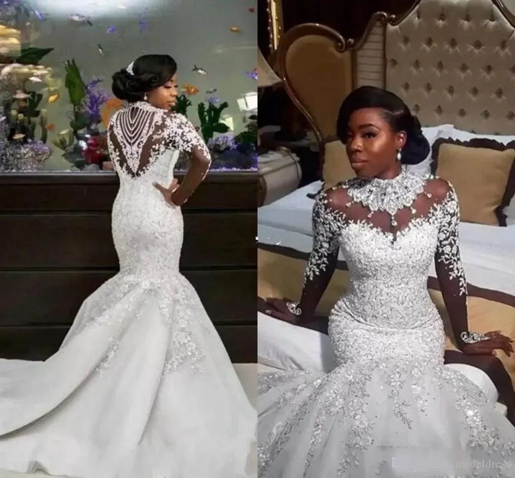 Modern Mermaid Wedding Dress 2027 High Neck Long Sleeves Crystal Beads Tulle African Birde Bridal Gowns Vestido De Novias
