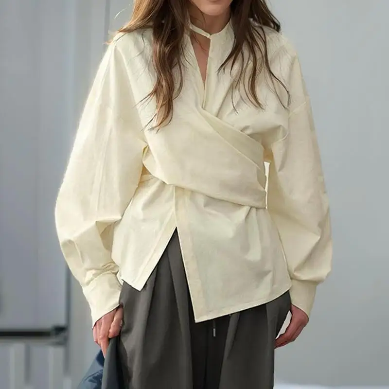 

Женская рубашка с перекрестной шнуровкой на талии, деконструированного кроя, в деловом стиле, с длинным рукавом, однотонная, не дающаяся к сокращению, модная, для женщин