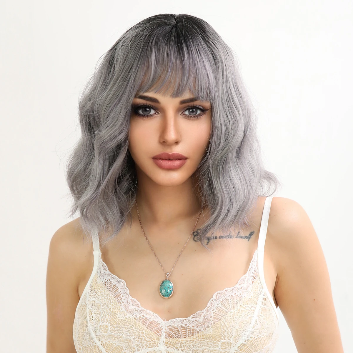 Synthetic Bob Curly Shoulder Length Hair With Bangs Fashion Grey Wavy Wig For Women Cosplay Daily Halloween Heat Resistant