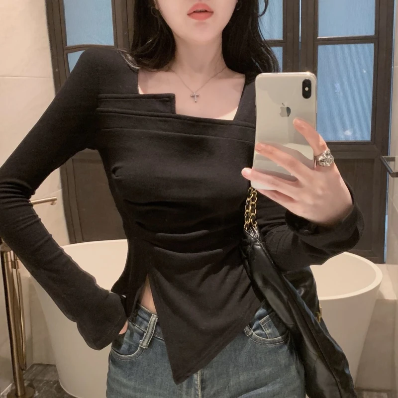 Irregular T-shirts Women Square Collar Long Sleeve Side Slit Short Tops Spring Autumn Pleated Flattering Waist Hotsweet Stylish