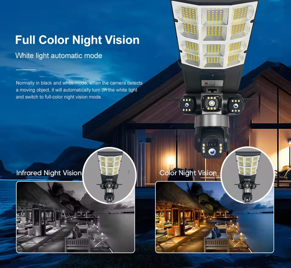 태양광 카메라 LED 가로등 4G 심카드 3렌즈 V380 프로 PIR 인체 감지 보안 알람 CCTV 야간 투시 야외 녹화기