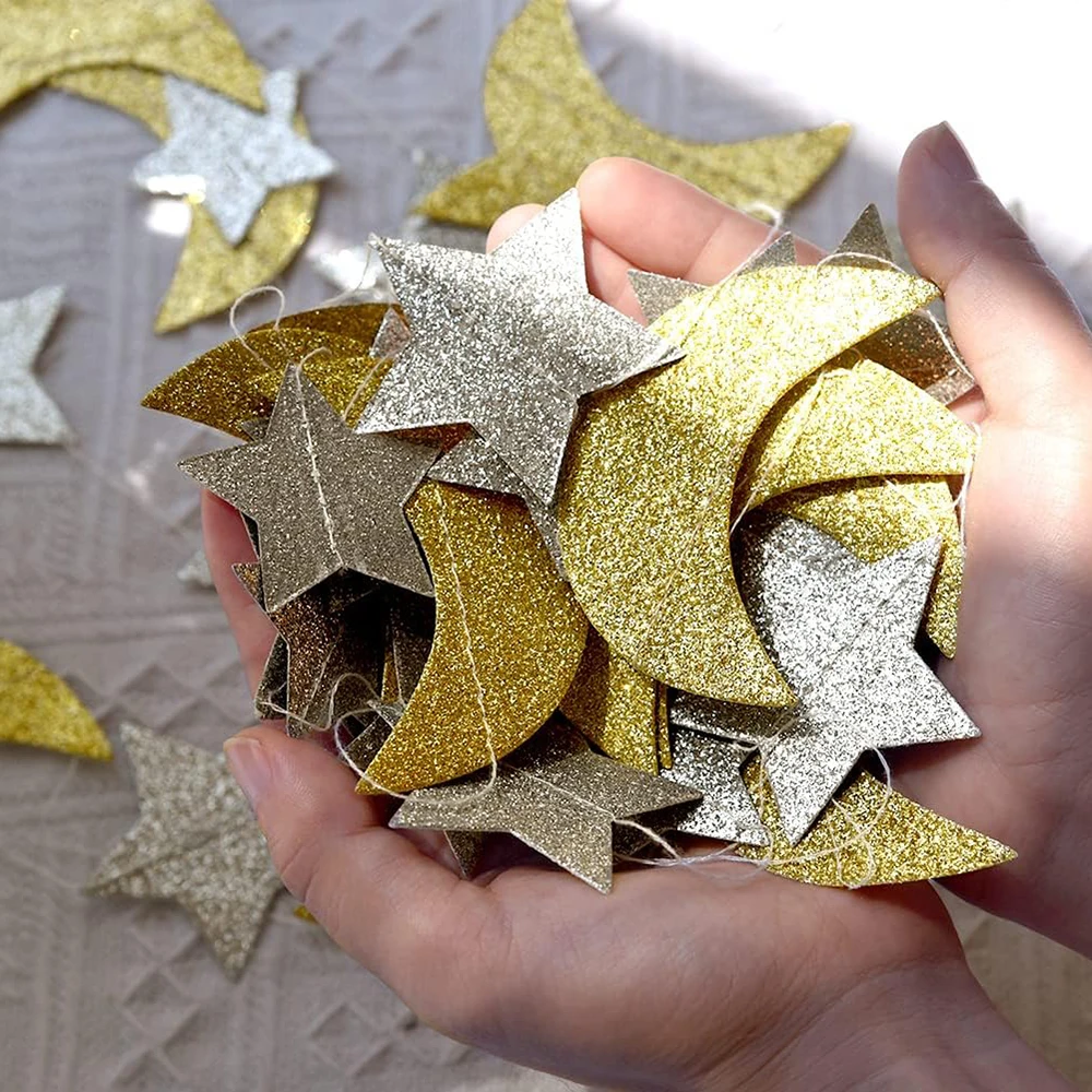 EID Mubarak Glitter Star Moon Garland Banner Paper Bunting Garland Islamic Muslim Party Ramadan Kareem Decorations for Home 2024