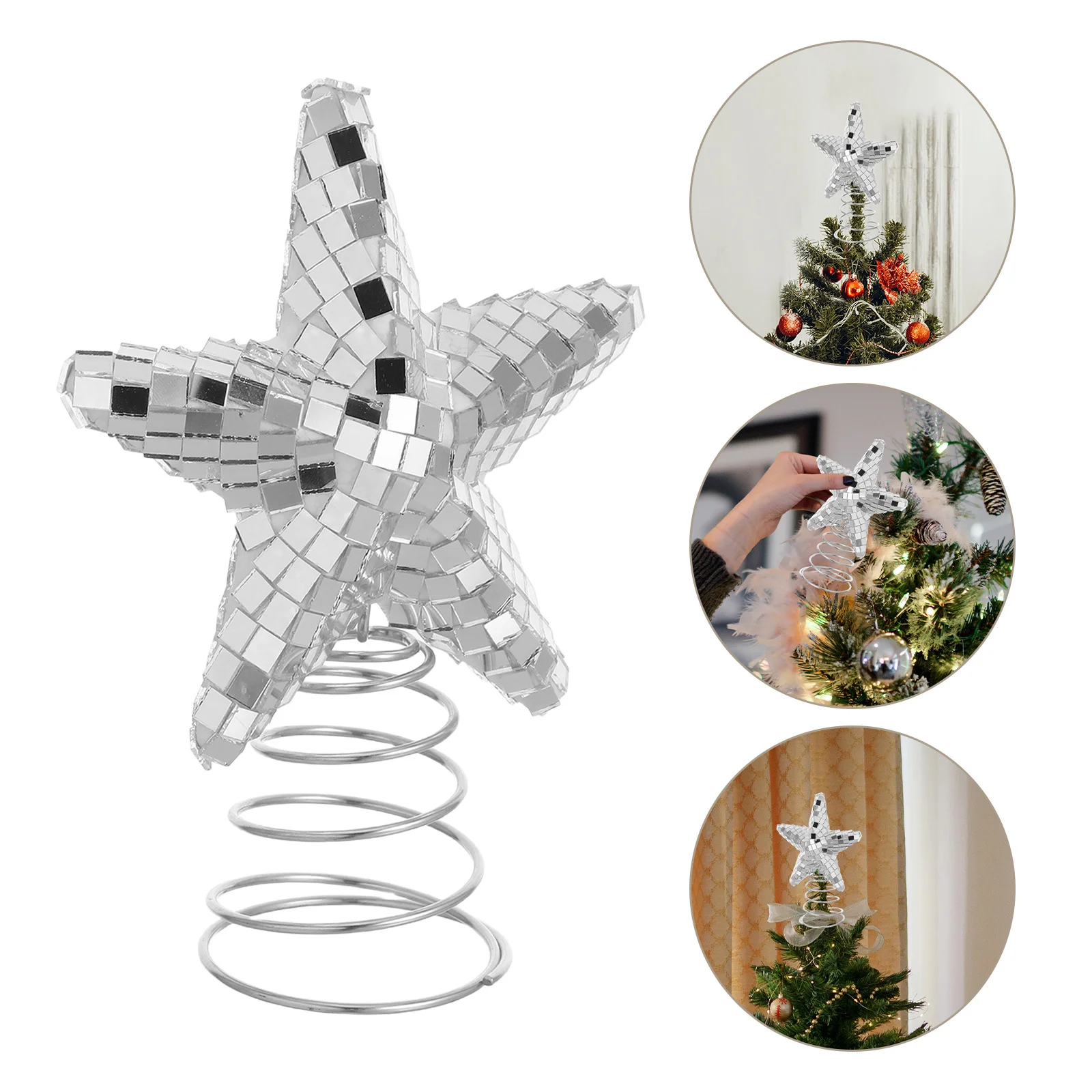 

Glass Mirror Ball Star Topper for Christmas Tree Reflective Disco Ornament 70S Style Holiday Decoration for Weddings Parties