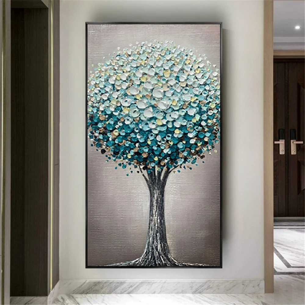 The Latest Design Blue 3d Texture Wall Picture Hand Painteds On Canvas The Beautiful Wealth Tree For Home Decor Art