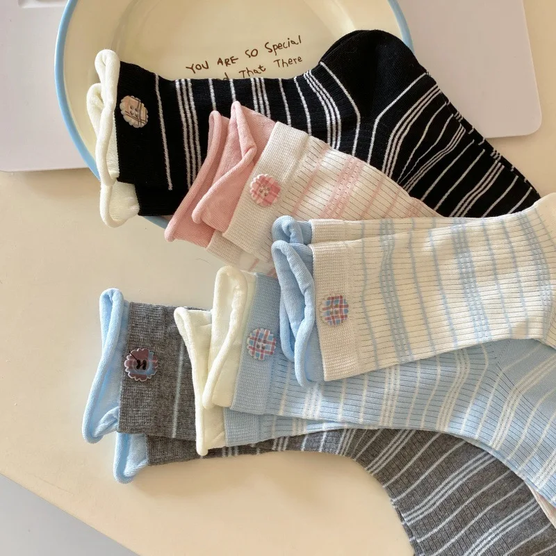 Striped Socks Women Female Spring and Summer Thin Breathable Medium Tube Socks Korean Contrasting Color Button Cotton Long Socks