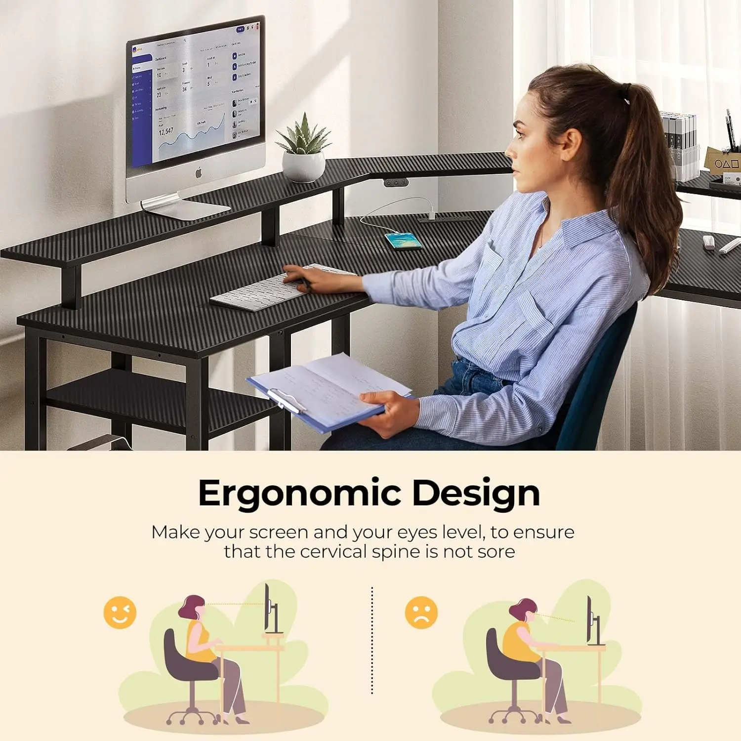 L Shaped Gaming Desk with LED Lights & Power Outlets, 46.2" Computer Desk with Full Monitor Stand & Storage Shelf