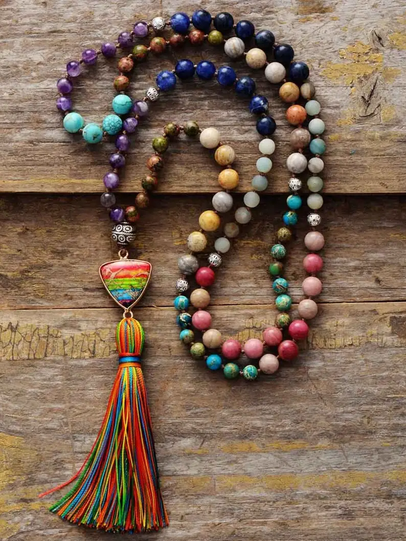 Natural Stone Amethyst Rosary Prayer Buddhist Japa Tassels Pendant Necklace 108 Mala Beads Necklace Bracelets For Women Jewelry