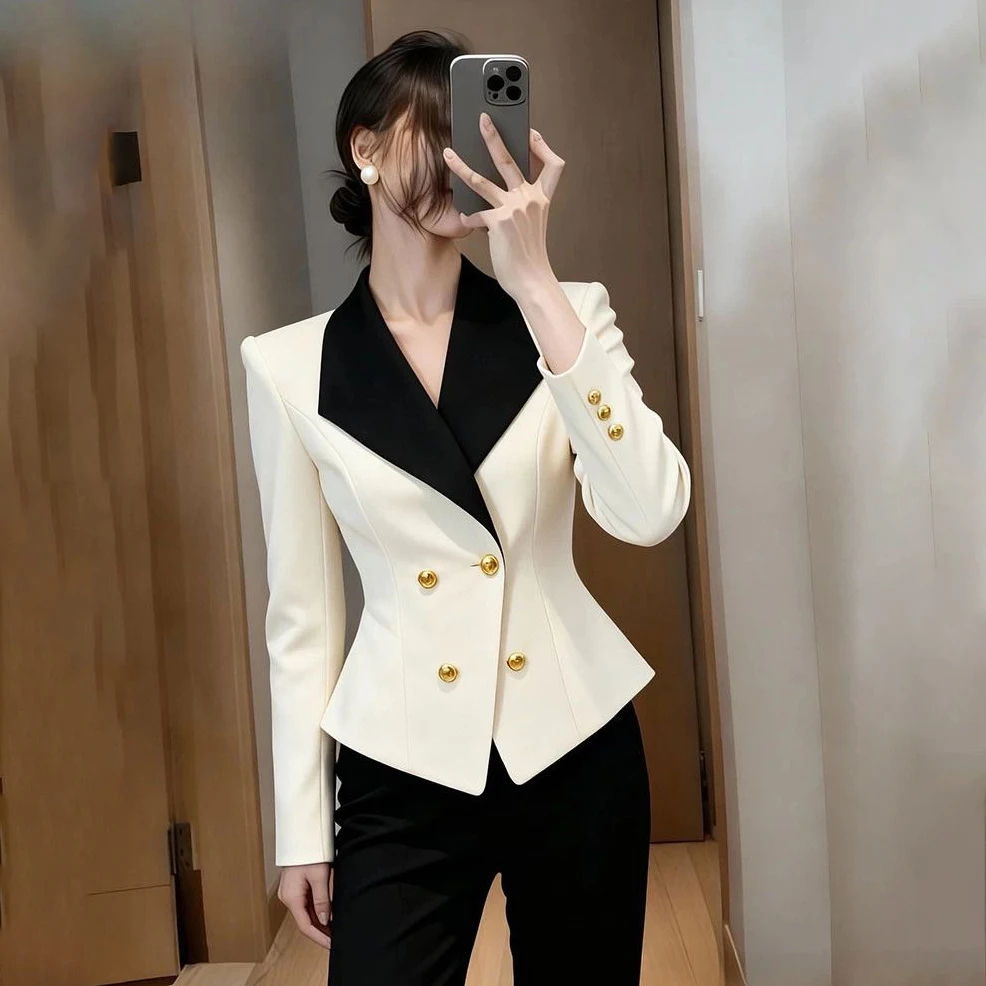 秋春 2026 新しいシックなカジュアルプロフェッショナルブレザー女性のアウターファッションスリムブラックホワイトステッチスリムスーツトップス
