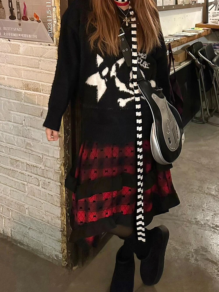 PBAP غير النظامية كشكش المرأة منقوشة تنورة خمر مرونة الخصر توافدوا القوس مكشكش الدانتيل غرزة تنورة طويلة الشرير Alt القوطية وتتسابق #3