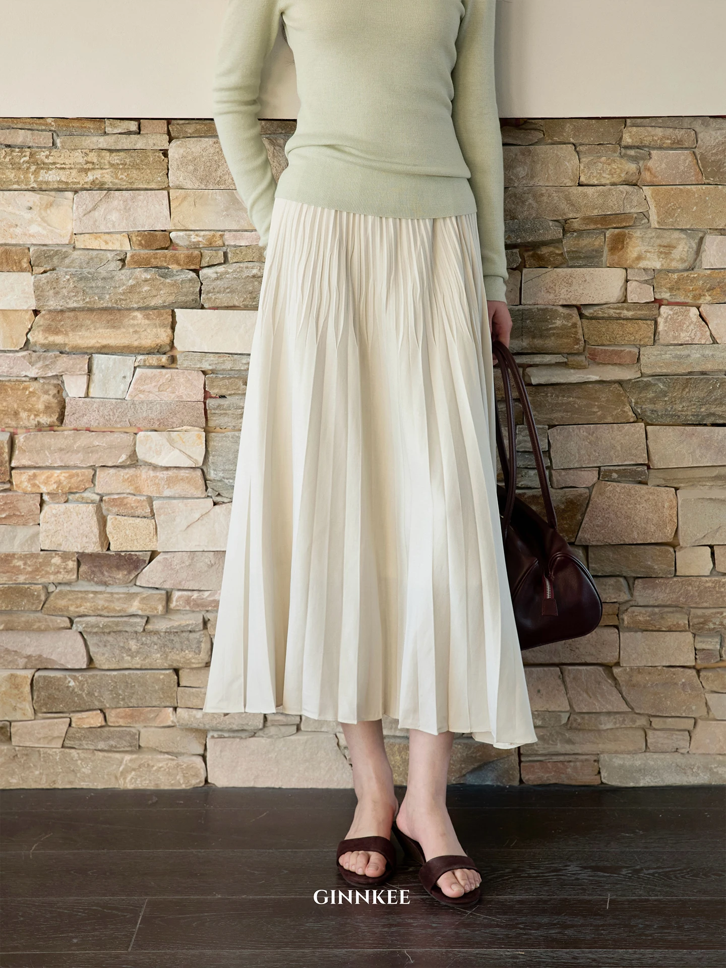 

Ginnkee Women's A-Line Pleated Skirt Linen Silk Pressed Drapey Half-length Spring Design High Waist Elastic No Polyester Blend