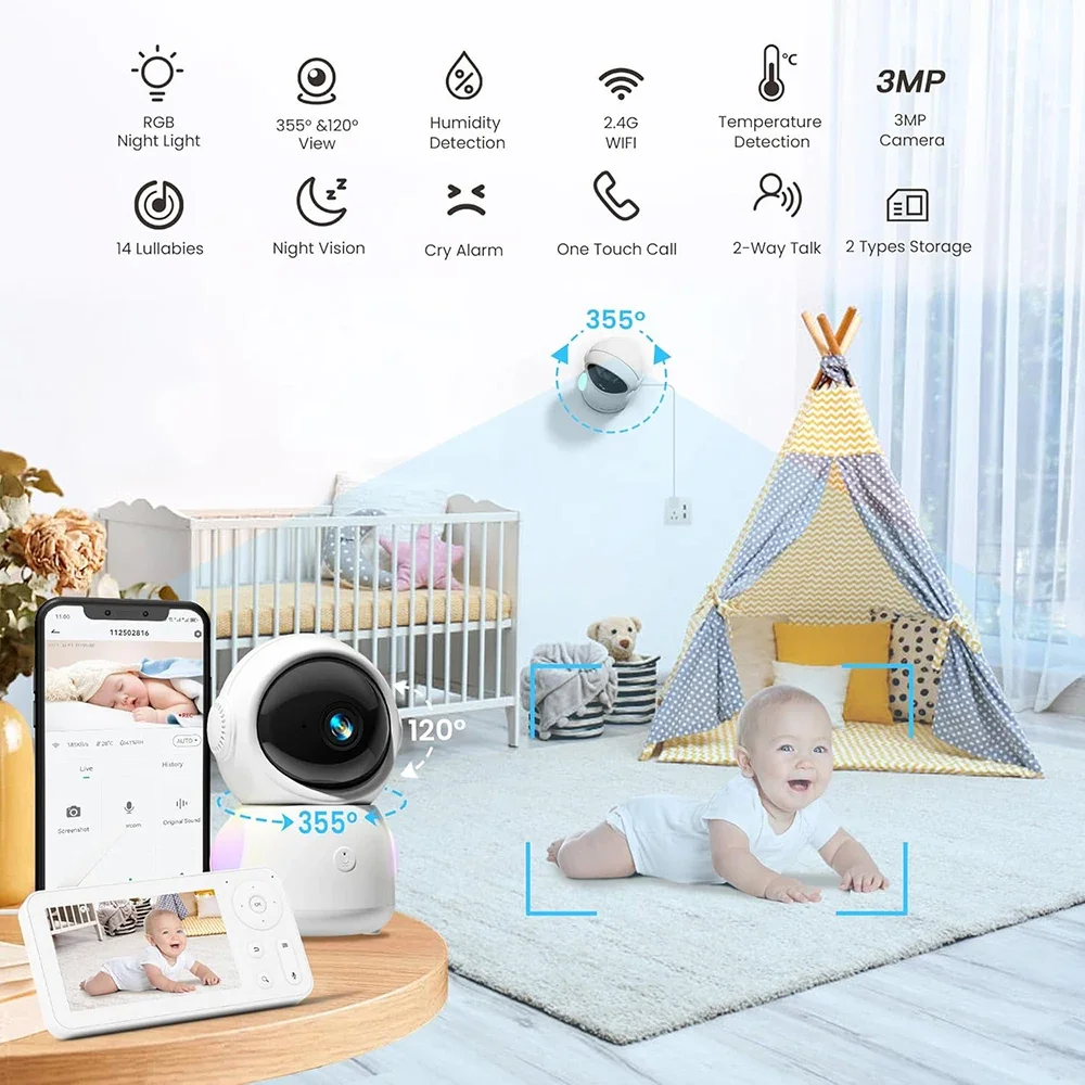 2K Baby Monitor with 2 Cameras and Audio Babyphone WiFi Smartphone 2.4G for Nursery Pet Elderly 355° Rotation RGB Night Light