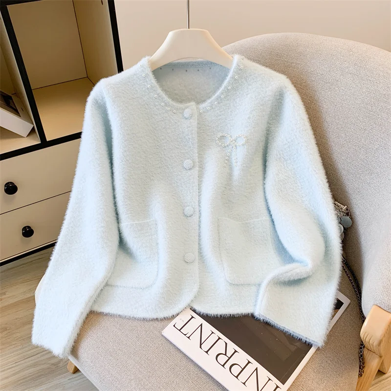 

Soft Cozy Knitted Open Cardigan Women's Sle Sweet Straight Tube Long Sve round Ne Thiened Autumn Winter Outerwear