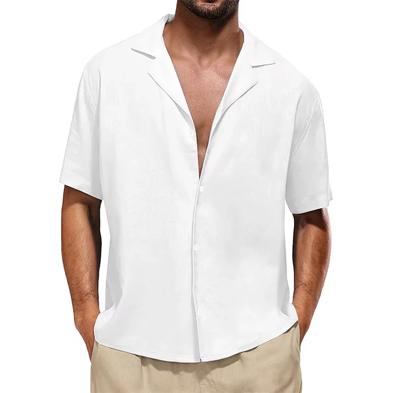 

kx580 Flax Hot Selling Men's Button Short Sleeve Shirt Summer Solid Color Collar Casual Beach Style