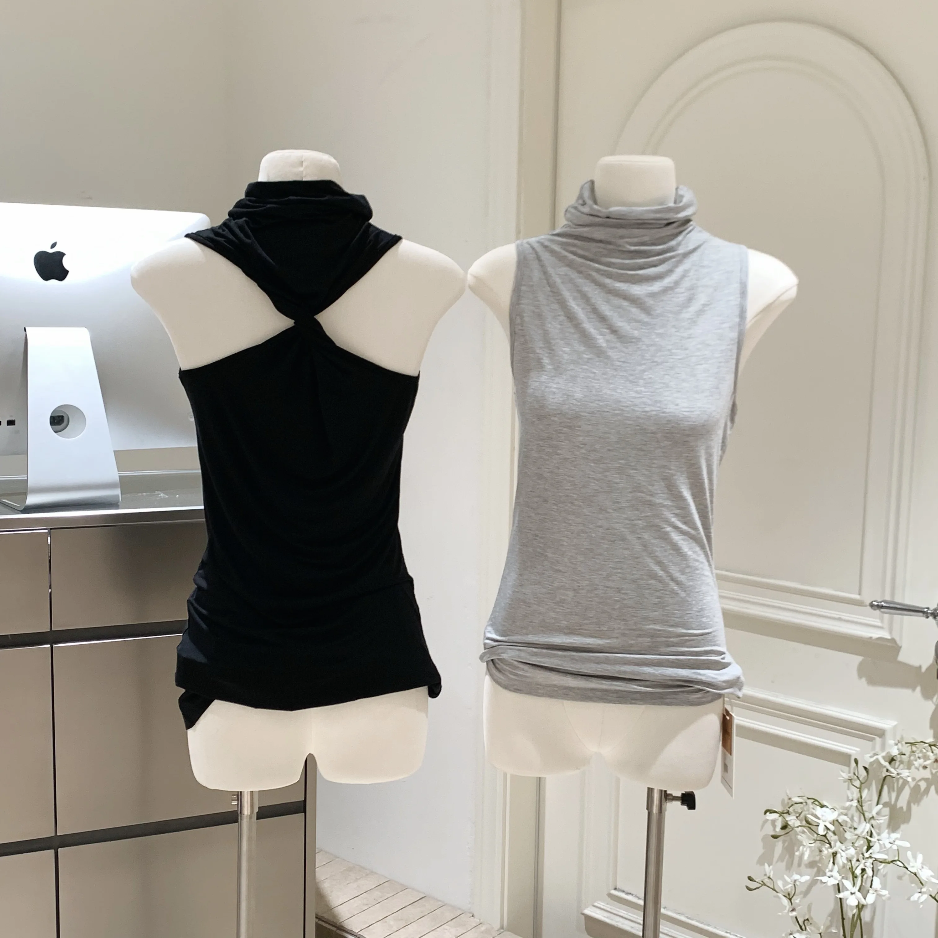 Women's Summer Chic Irregular Back Knot Turtle Neck Tank Top Lady Streetwear Solid Color Pullover Sleeveless Top