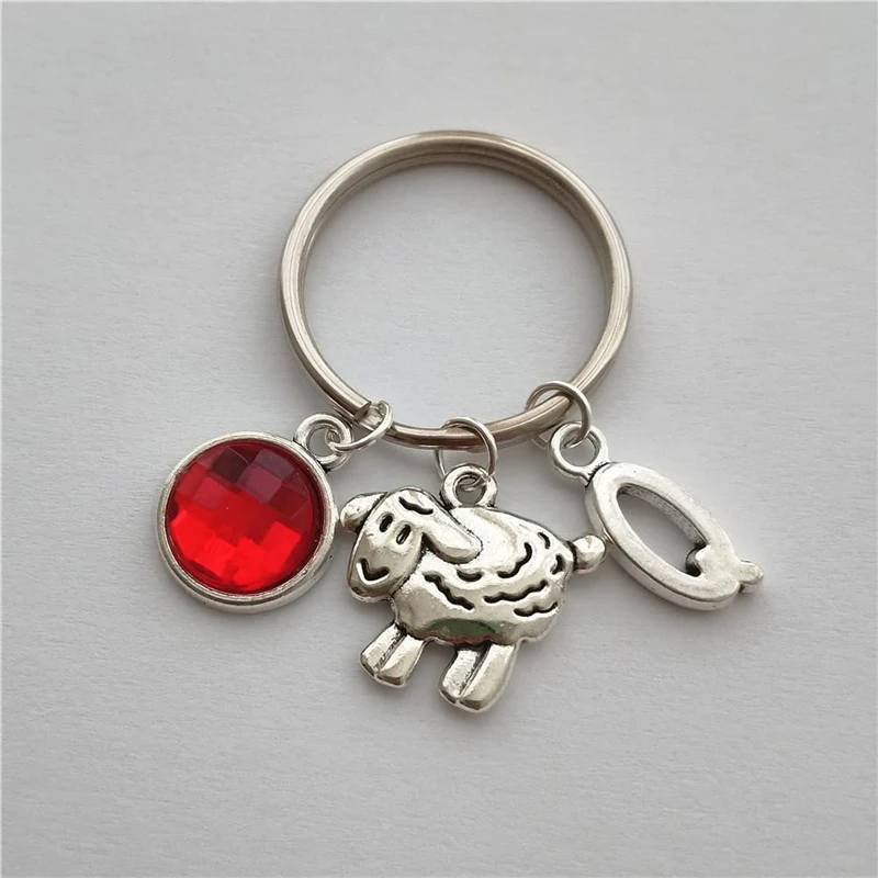 Initial and Birthstone Sheep Keyring, Sheep Keychain, Girlfriend Jewelry, Animal Purse Charm, Lamb Pendant, Vet Gift