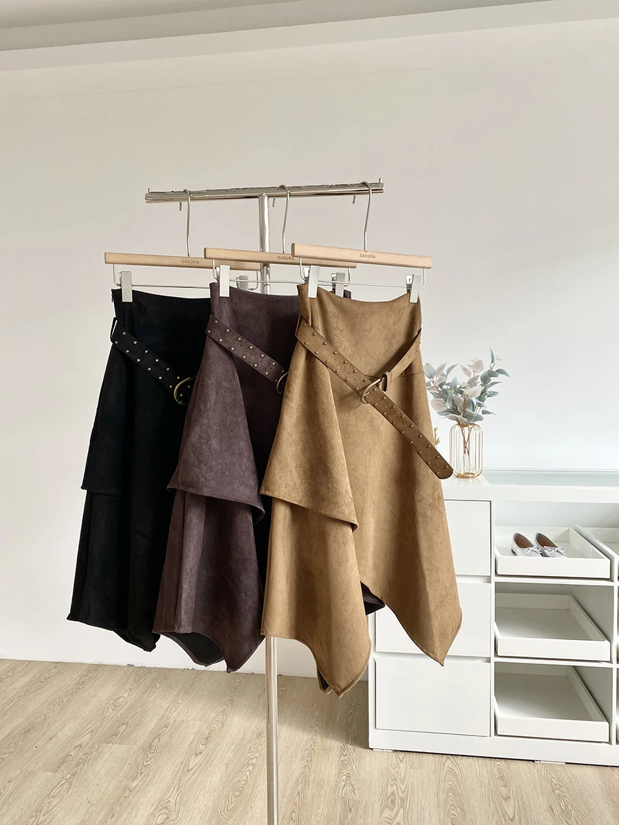 Slimming Mid-Length Korean Retro Elegant Abstract Pure Color Women's Skirt High Waist A-Line Polyester Fiber Commute Suitable