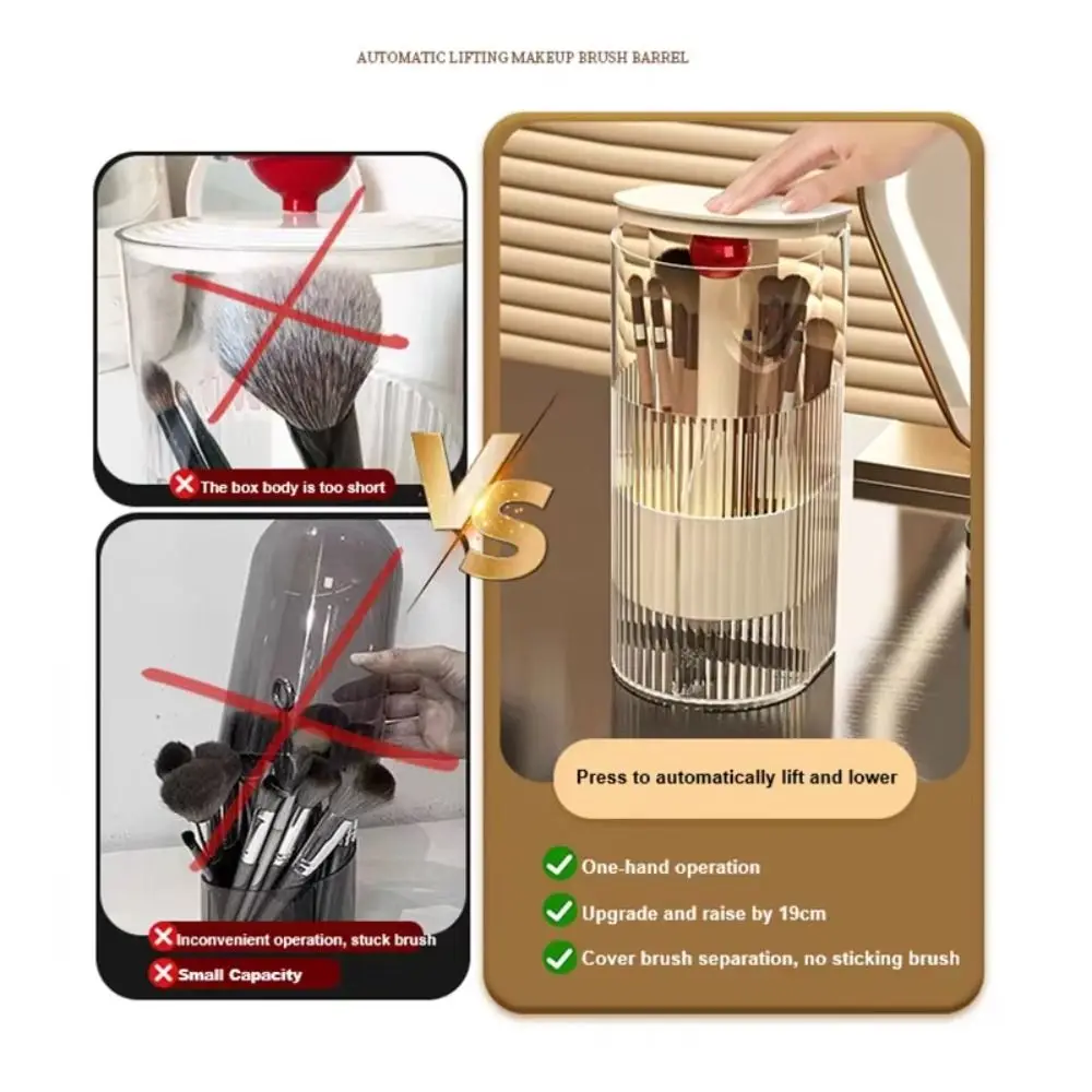 

Automatic Lifting Makeup Brushes Holder with Lid Dustproof Lipstick Eyebrow Pen Holder Large Capacity Transparent