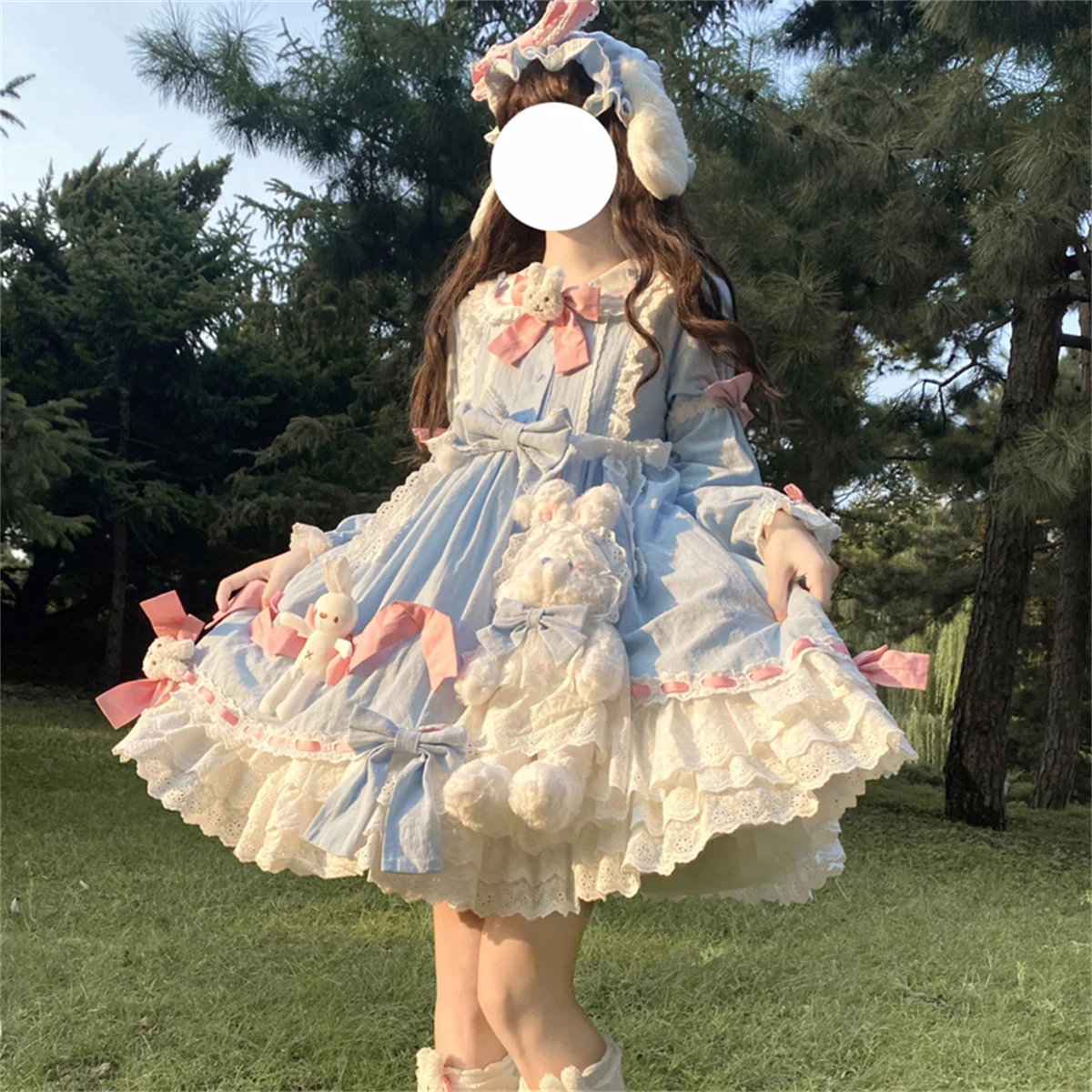 Japanese Sweet Style Cosplay Lolita Op Cute Girls Peter Pan Collar  Fluffy Rabbit Ruffle Bowknot Lantern Sleeve  Hairball Dress