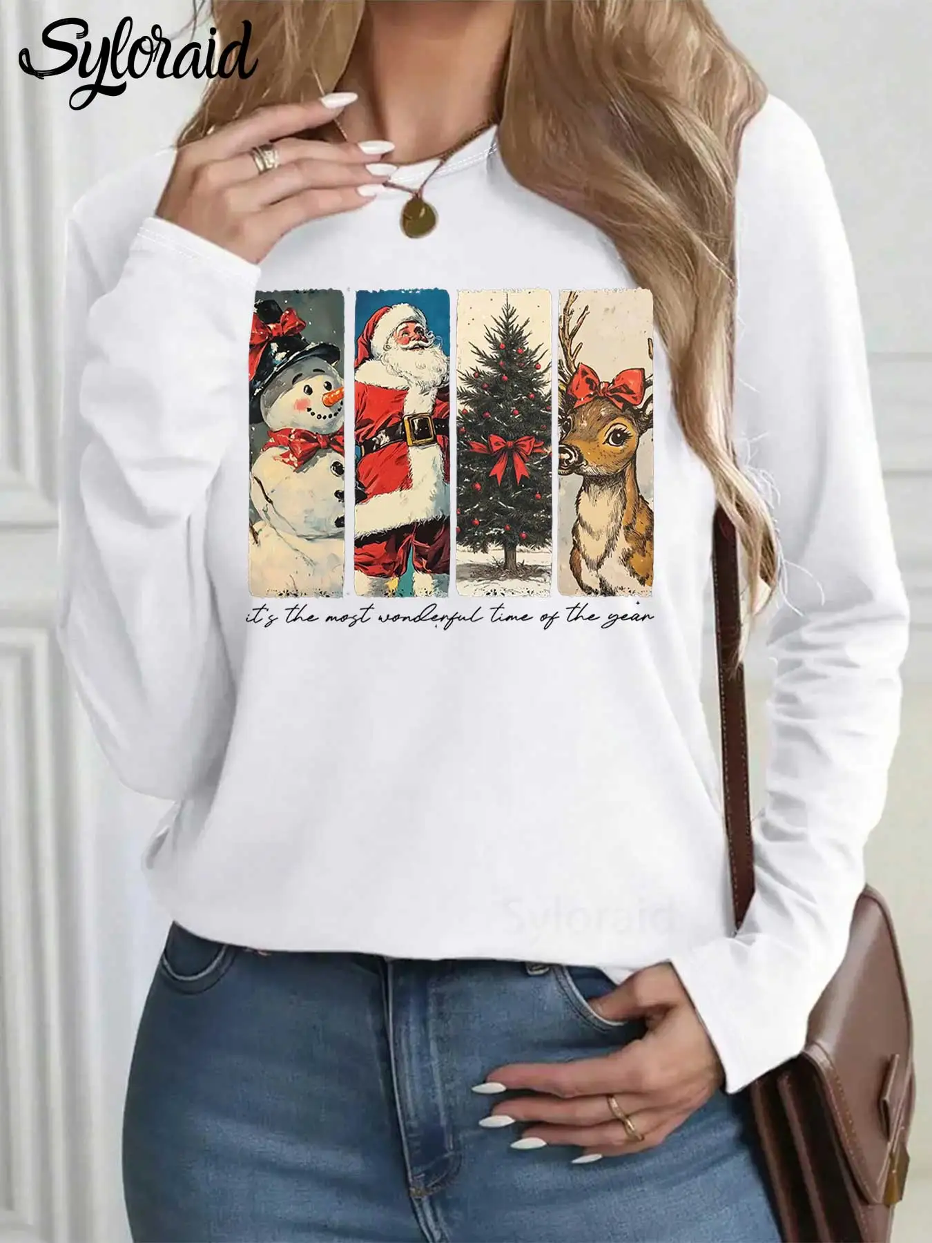 تي شيرت نسائي بأكمام طويلة، إنه وقت رائع لعام عيد الميلاد سانتا تي شيرت عصري برقبة دائرية كاجوال