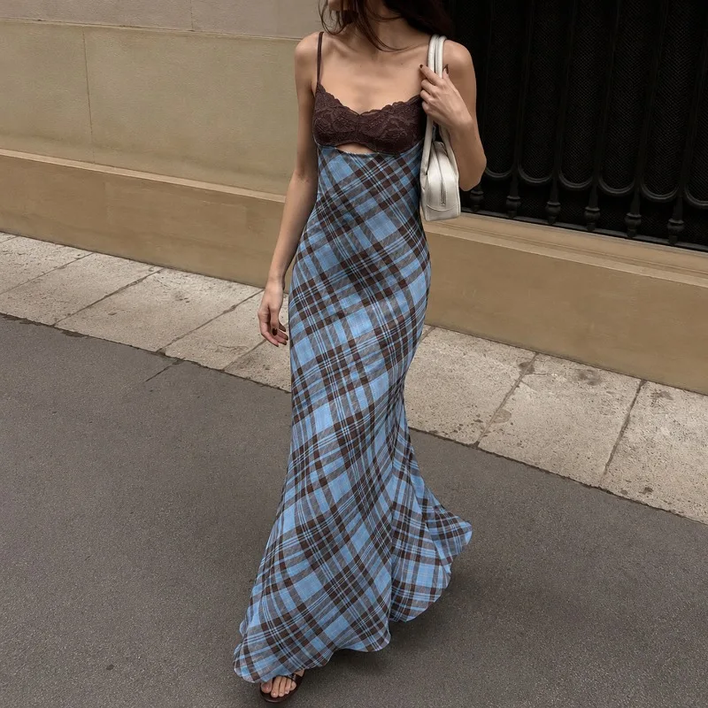 

Tsiisd Y2K Sexy Plaid Maxi Dress Women Summer Lace Backless Chic Sleeveless Slim Fit Camisole Long Dresses Party Female Clothes