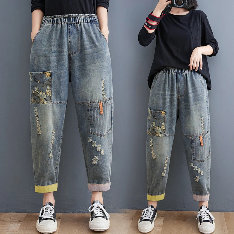 

High Waist Harlan Jeans Women's Loose plus Size Autumn 202 Denim Patchwork Nine Points Casual Torn Personali Jeans