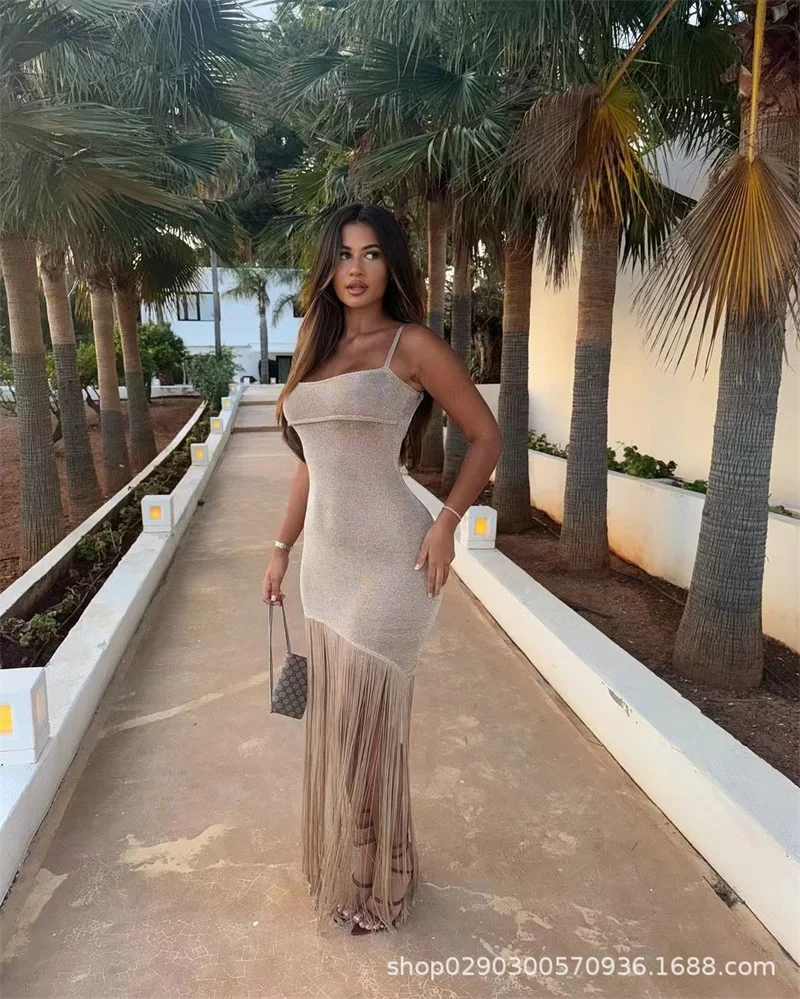 

Женское осеннее новое вечернее платье на тонких бретельках с кисточками и блестками, облегающее бандажное платье с глубоким V-образным вырезом, вечерние юбки с открытой спиной, новинка