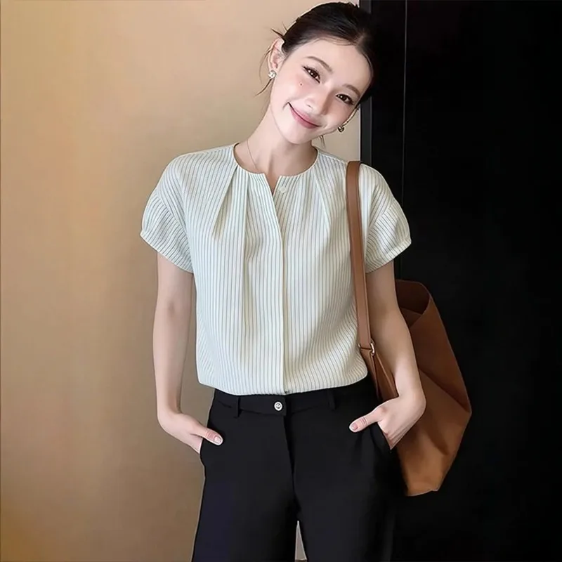 Old Money Style Women Striped Blouse Round Neck Pleated Batwing Short Sleeve Loose Elegant Daily Top