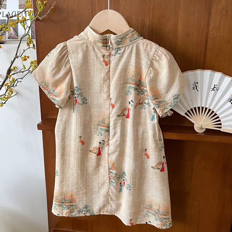 Girls' Summer Dress2024New Children's Chinese Style Cheongsam Dress Medium and Big Children's High-End Retro Princess Dress Fash