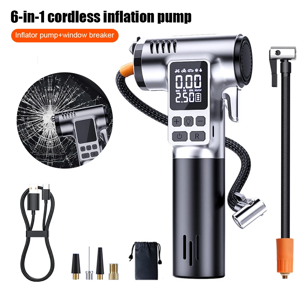 6 In1 Vehicle Tire Inflator Air Compressor Escape Tool with Safety Hammer and Seat Belt Cutter Car Tire Air Pump with LED Light