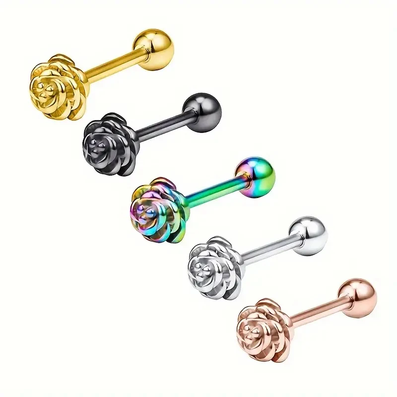 

1pc 14G Multicolor Stainless Steel Tongue Studs with Rose Flower And Round Ball Design Tongue Ring Piercing Jewelry for Women
