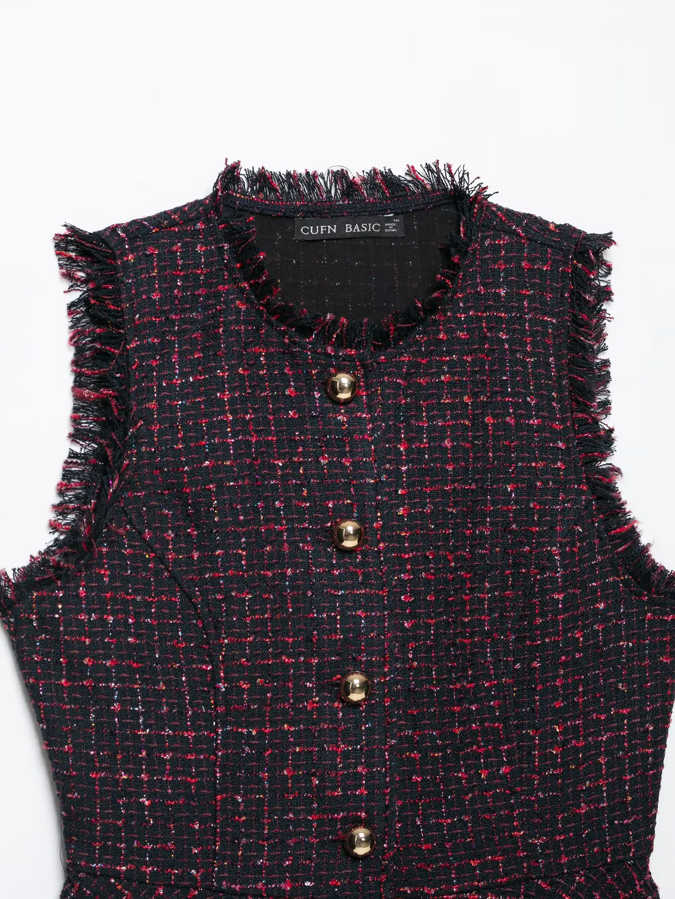 KLKXMYT Damen Tweed Ärmellose Weste Metall Einreihige Kurze Weste Vintage 2026 Herbst Mode Weste Mantel – Detail 7