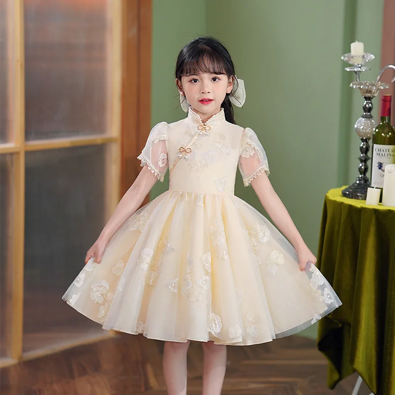 Cute Wedding Flower Dress Chinese Cheongsam Kids Tangsuit Children Girl Party Evening Qipao Costume Hanfu New Year Clothing Gift