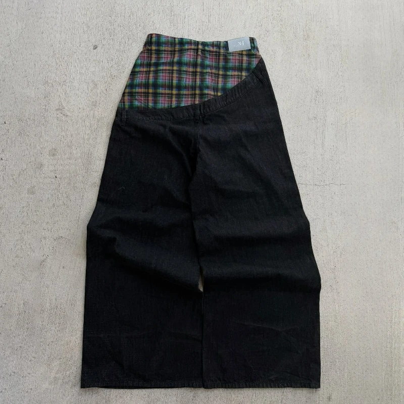 Jeans baggy Y2K à coupe oblique, patchwork à carreaux rétro, pantalon large pour hommes et femmes, streetwear hip-hop américain, jeans décontractés unisexes