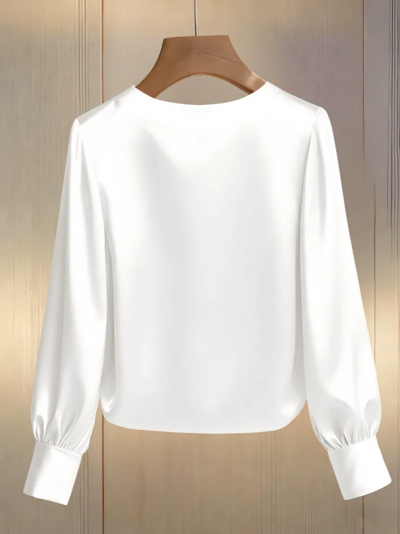 Women Long Sleeve Satin Blouse Pearl Beaded Round Neck Top Elegant Loose Fit Casual Party Wear