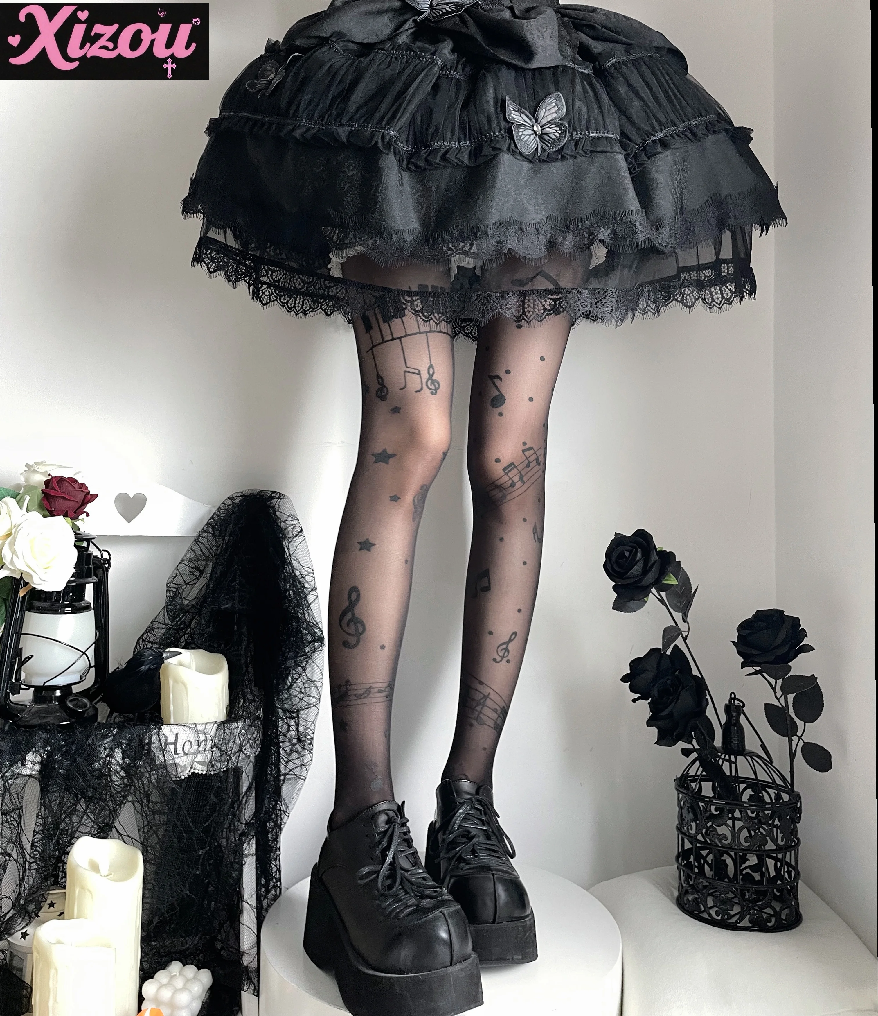 Japanese doll sweet music note stockings pantyhose female autumn thin black music note personality girl lolita stockings women