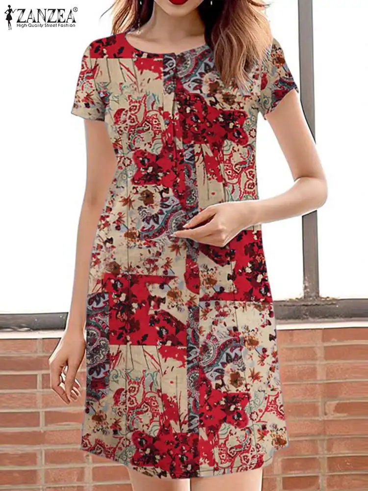 

Women Printed Mini Dress Fashion Summer Short Sleeve Robe ZANZEA Holiday Half Open Neck Buttons Sundress Casual Loose Vestidos